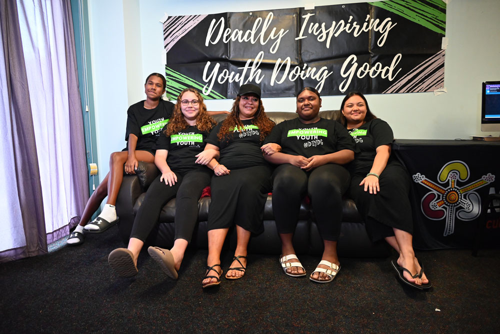 Local artist Simone Stacey (centre) will be performing at CIAF with young singers Kyleja Namok-Majid (left), Kaya Durante, Abiuana Doné, and Georgina Thomas-Peddell. Picture: Isabella Guzman Gonzalez