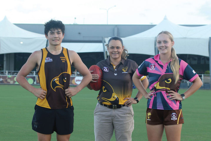 Cairns Hawks junior Matt White, president Ellie Rundle and under 17.5 girls recruit Tegan Siekman are on the search for more players. Picture: Sam Davis