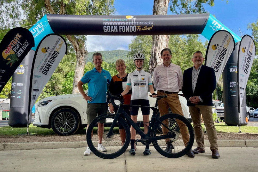 Festival director Bade Stapleton of Connect Sport Australia (left), Cr Rhonda Coghlan, cyclist Cloe White, TTNQ chief Mark Olsen and Douglas Shire Mayor Michael Kerrat the Grand Fondo Festival launch. Picture: Supplied