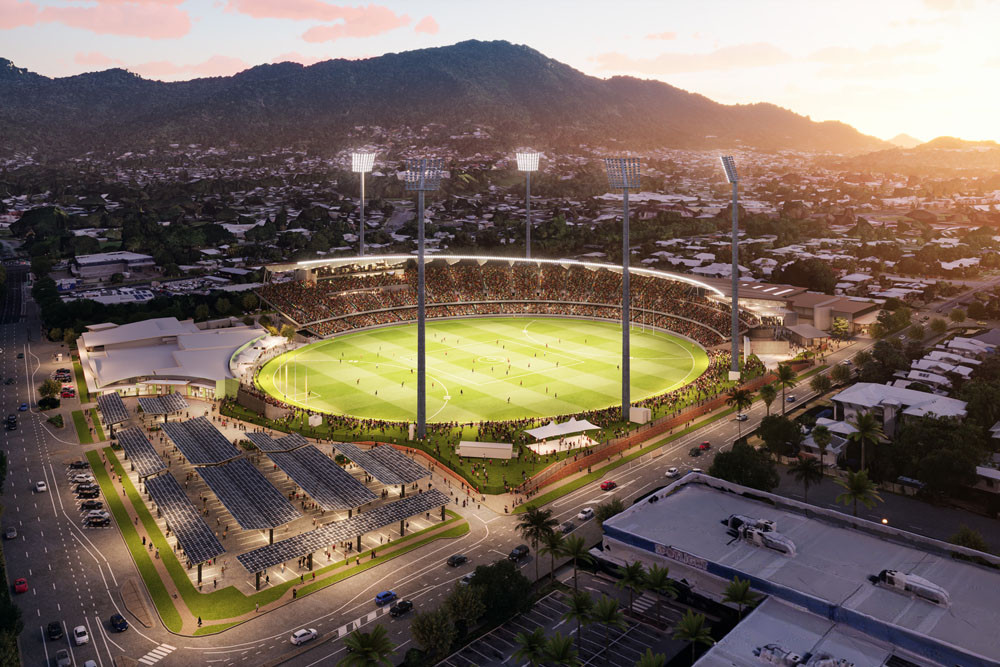 An artist’s impression of the expanded Cazalys AFL Stadium off Mulgrave Rd. Picture: Cox Architecture