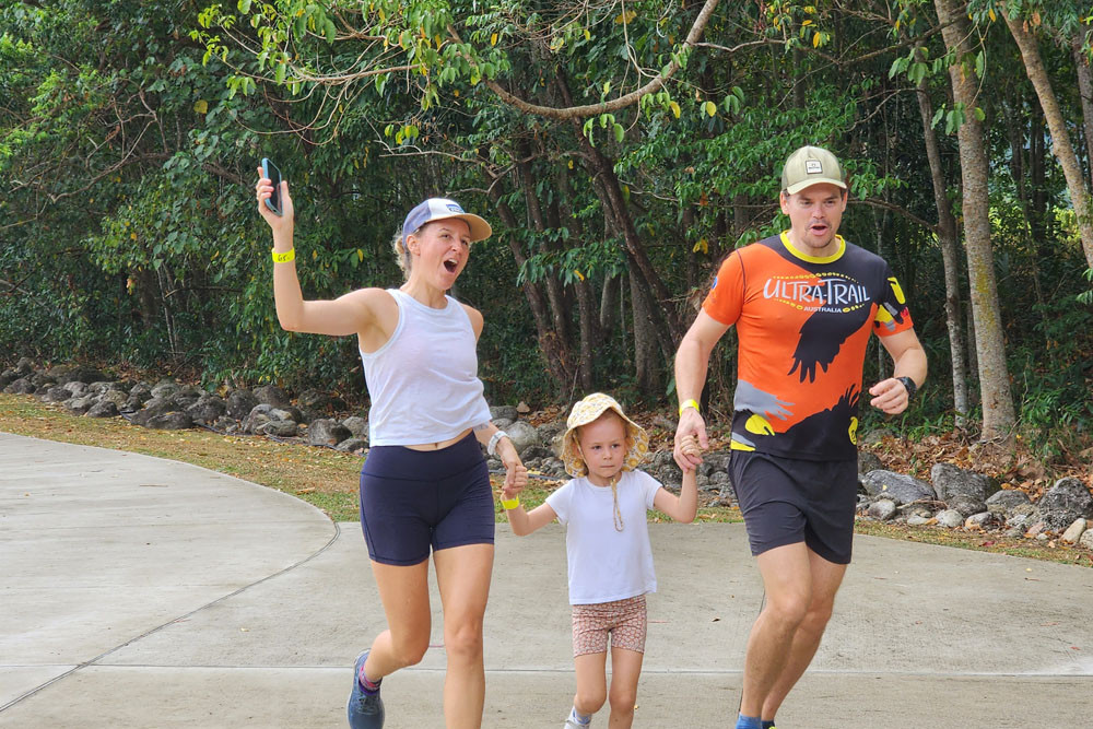 First in the the 1km ‘deadly dash’ (from left) Jojo, Juno and Simon Jackson. Picture: Gary ‘Gazza’ McIlroy