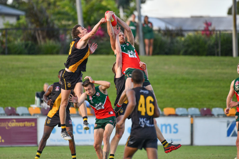 The Tigers ‘2 Storey’ Rory Tarlinton (above) attempts the spoil over Cutters big guy Damien Hill. Lions captain Tina Hilditch (above right) and her team are out to avenge their qualifying final loss to the Tigers tomorrow. The Tigers Jimmy Neale (below right) will look to exploit his speed and accuracy against the Cutters. Pictures: RAWI/AFL