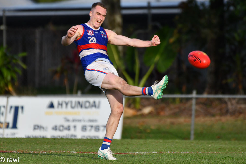 Josh Butland kicks for goal as he extends his lead in the Matthew Walsh Medal currently sitting on 32 goals for season 2025. Picture: rawi/AFL Cairns