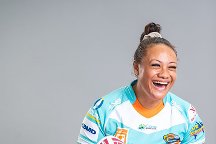 Elianna Suluvale shows off the new uniform of the women’s Northern Pride BMD premiership team. Picture: Blue Click Photography