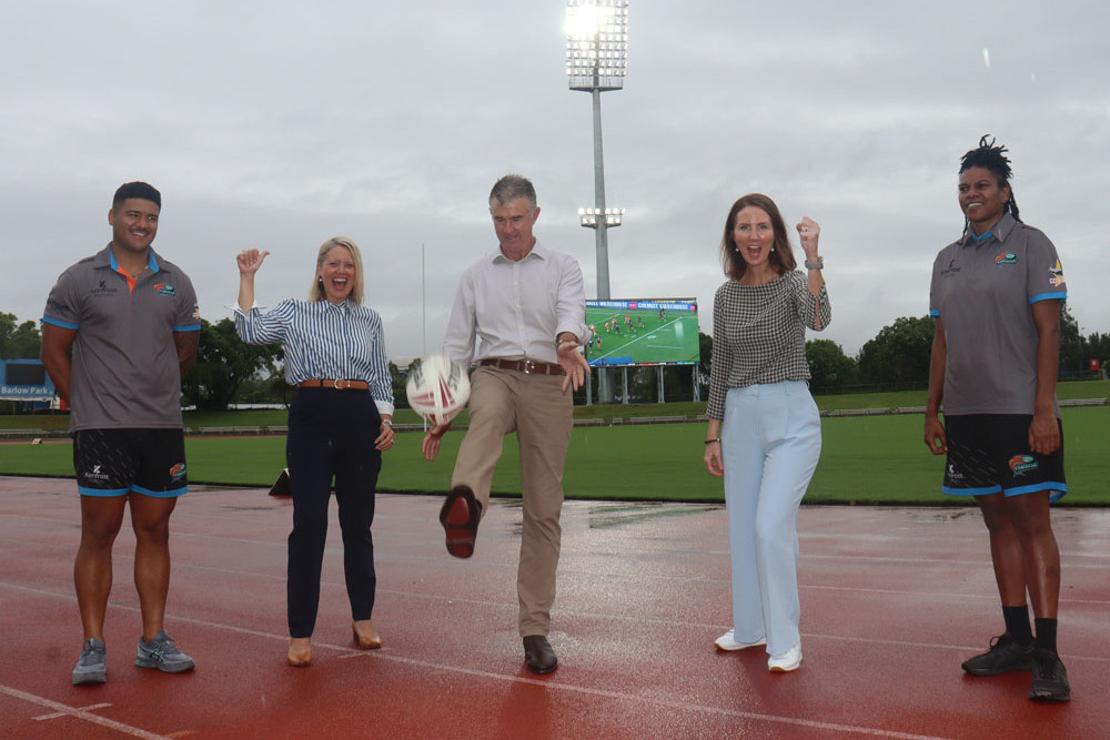 Northern Pride’s fullback Quinnlan Tupou (left), Member for Barron River Bree James, Minister for Sport Tim Mander, Cairns Mayor Amy Eden and Northern Pride women’s centre Stephanie Mooka are excited for Friday night footy under the new lights. Picture: Isabella Guzman Gonzlez