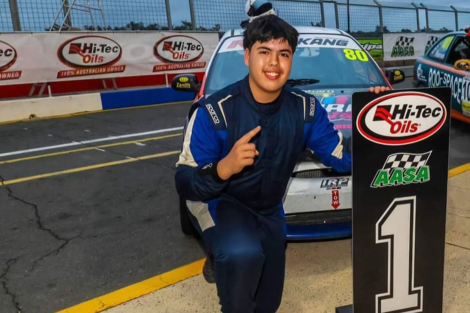 Matthew Boylett, 16, celebrates his recent round 2 victory in the Series X3 champs at Victoria’s Winton Raceway. Picture: Wayne Boylett