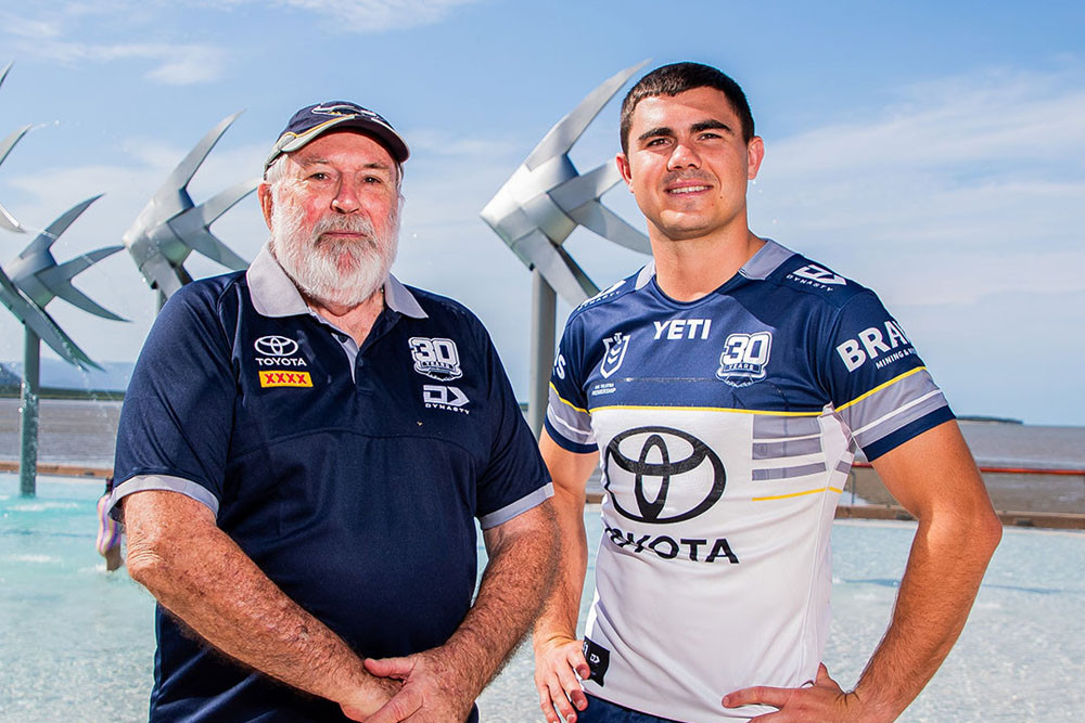 Cowboys superfan Tony Francis and Cowboys halfback Jake Clifford at the Cairns Lagoon launching the 2025 jerseys. Picture: NQ Cowboys