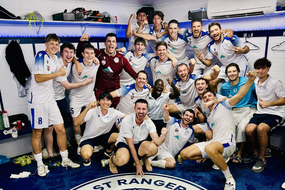 Marlin Coast Rangers celebrate their historic 3-0 win against Townsville's MA Olympics last weekend to reach the finals of the 2025 Kappa Queensland Cup. Picture: Supplied