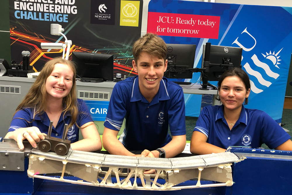The bridge building crew from Cairns State High’s overall winning team (from left) Lily Gochee, Sydney Richter and Maya Hadar Pagliari. Picture: Supplied