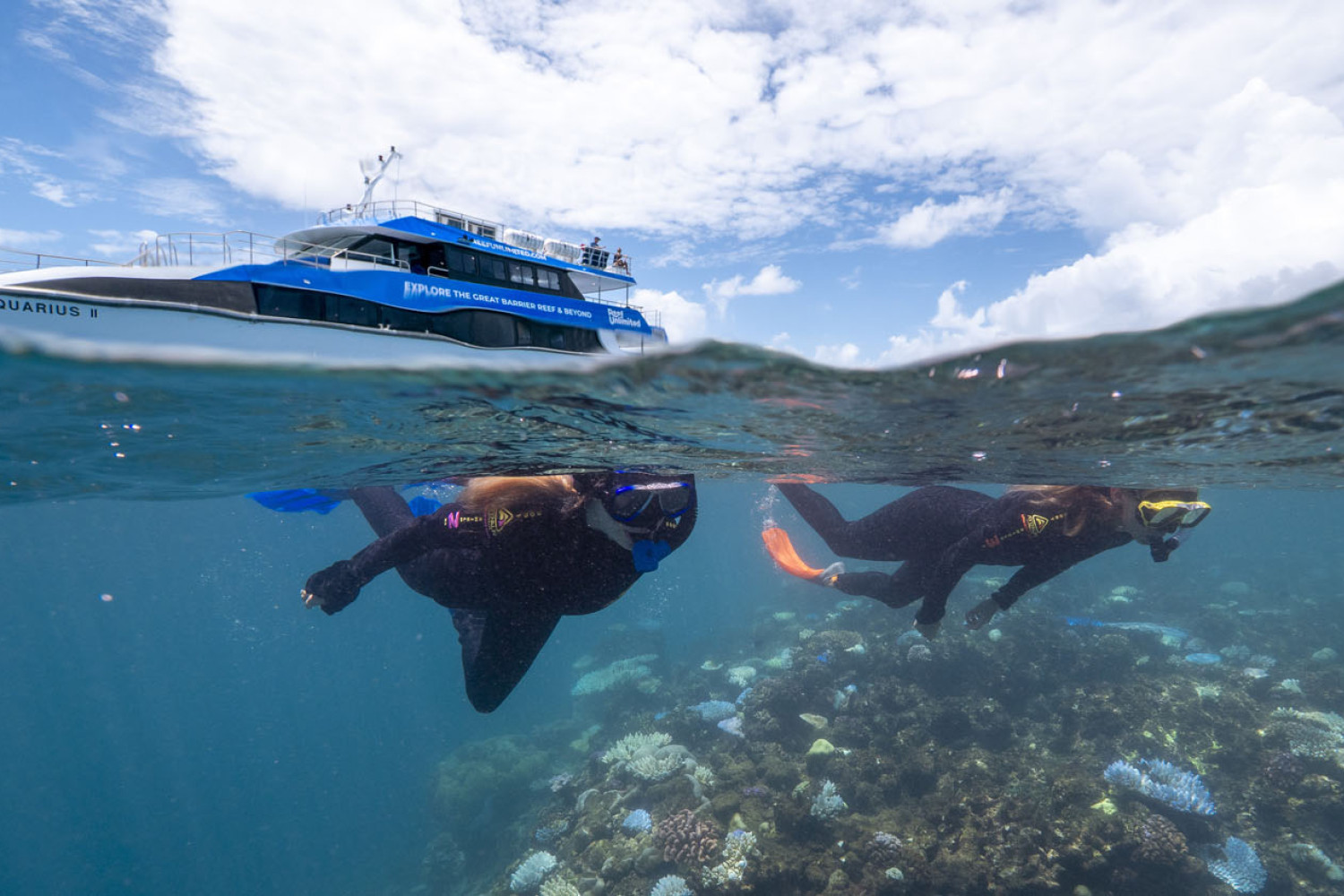 Snorkellers explore the coral off Aquarius II on the Great Barrier Reef. Picture: Reef Unlimited
