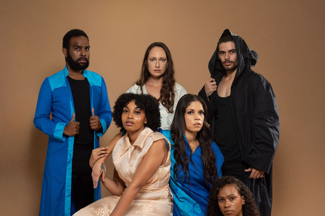 Models at this year’s Cairns Indigenous Art Fair were, (back, from left) Charlie Naati, Tanika Parker, Jaydn Bingarape (front, from left) Amariah Thomas Savage, Lynette Gee Gee and (sitting) Loretta Messa. Picture: Blueclick Photography