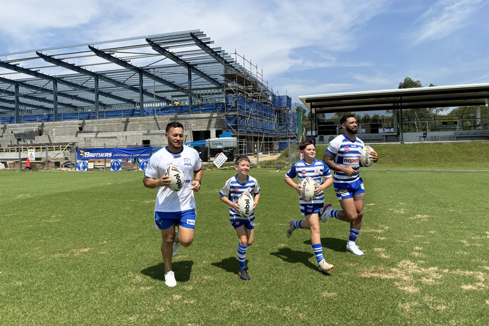 Junior players Ash Trundle, and Lakyn Trundle test out the grounds with A-graders coach and captain Jordan Biondi-Odo and Ernest Suavai. Picture: Andree Stephens