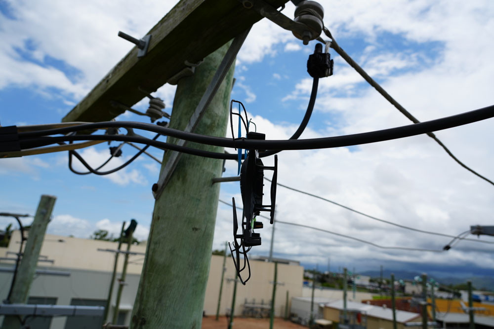 A drone stuck in powerlines. Picture: Ergon