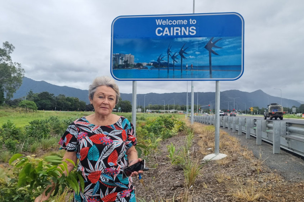 Resident Fran Lindsay wants the Welcome to Cairns sign shifted north and replaced with one about Edmonton Picture: Nick Dalton