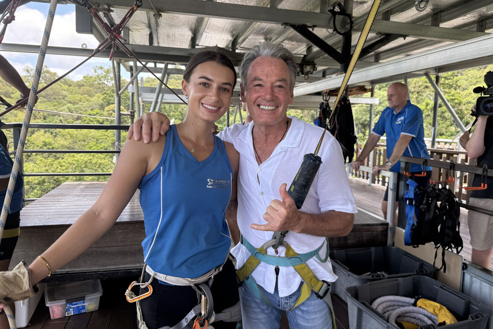 Shai Baller, Skypark’s first female jump master with her boss AJ Hackett. Picture: Skypark Cairns