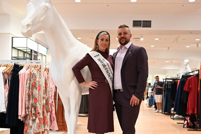 Cairns Cup Carnival ambassadors Tina and Brett Cahill at Myer Cairns. Picture: Isabella Guzman Gonzalez