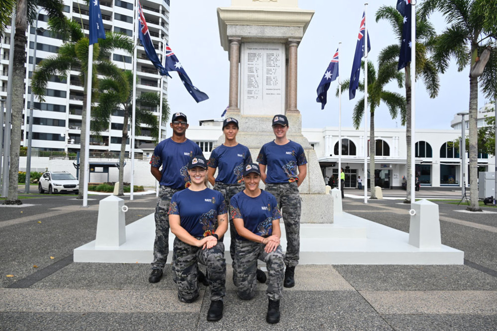 HMAS Cairns sailors (back row from left) Sumeet Sewak, Liv Harrison, Logan Trigg and (front row, from left) Katie Kirshaw and Kerryn Seaborn are hiking the Kokoda Trail to mark ANZAC Day. Picture: Maddy Gavin