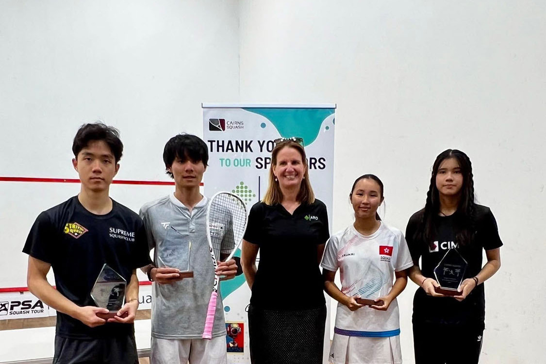 Winners and guests of the 2025 Cairns Squash International and Cairns open (from left): Hong Tang (Men’s Aro International runner-up, Hong Kong), Naoki Hayashi (Men’s Aro International winner, Japan), Michele Stevenson (Aro Industries representative), Ena Kwong (Women’s Aro International winner, Hong Kong), H. Tan (Women’s Aro International runner-up, Malaysia). Picture: Supplied