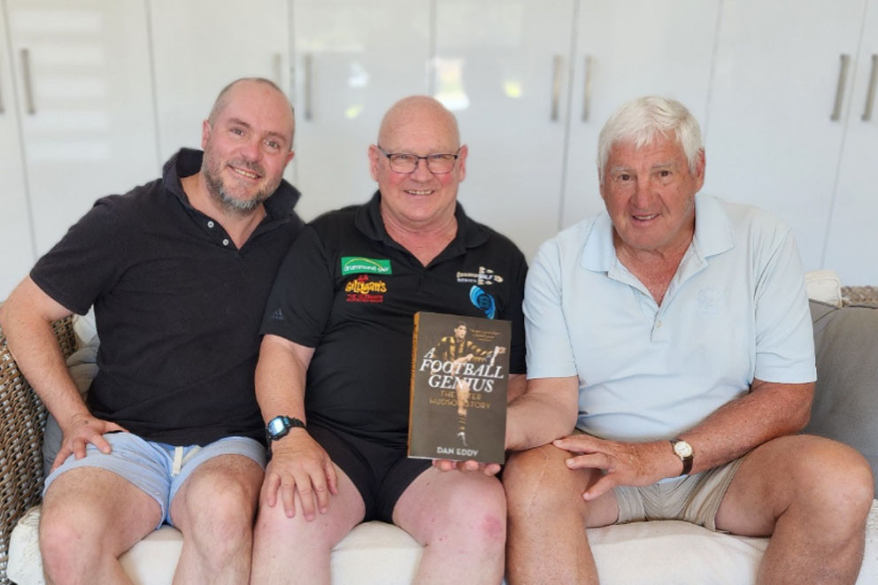 (L-R) Author of Hudson’s memoir Dan Eddy, Brad Sinclair and AFL legend Peter Hudson