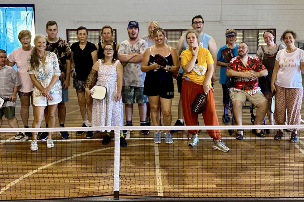 All-Abilities Crew members Danny Reed, Trish Lardi, Jane Saunders, Luke Kattenberg, Tully/Mission Beach Pickleball Club president Jenny Flegler, Julie Barratt, Montana Papadopoulos, Cody Hansen, co-founder Fiona Fowles, co-founder Shelly Barratt, Jemma Carroll, Nathan Marsilio, Leanne Clarke, Ash Ellingworth, Katie Kirkwood and Mel Bowman-Finn. Pictures: Supplied
