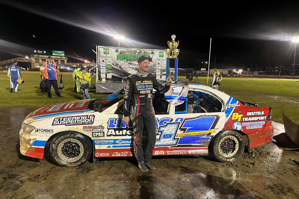 Modified sedans champion Nathan MacDonald is looking forward to tonight at Cairns Speedway. Inset: Drifting his Commodore.