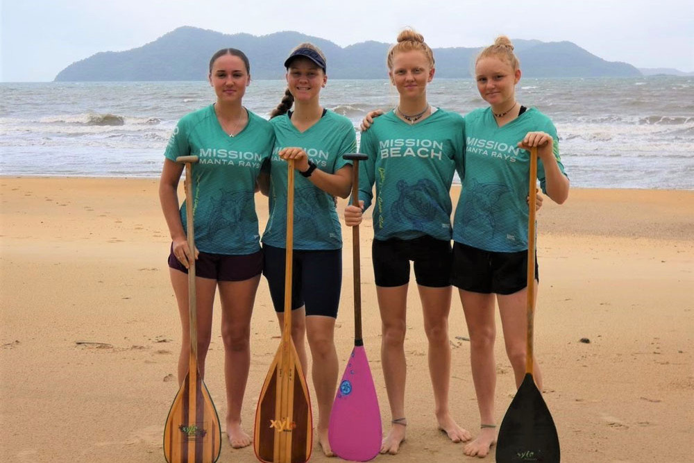Australia’s under-19 team, Charlotte Sharpe, Angie Anderson, and sisters Azariah and Eliana Wigley-Gill at Mission Beach. Picture: Supplied