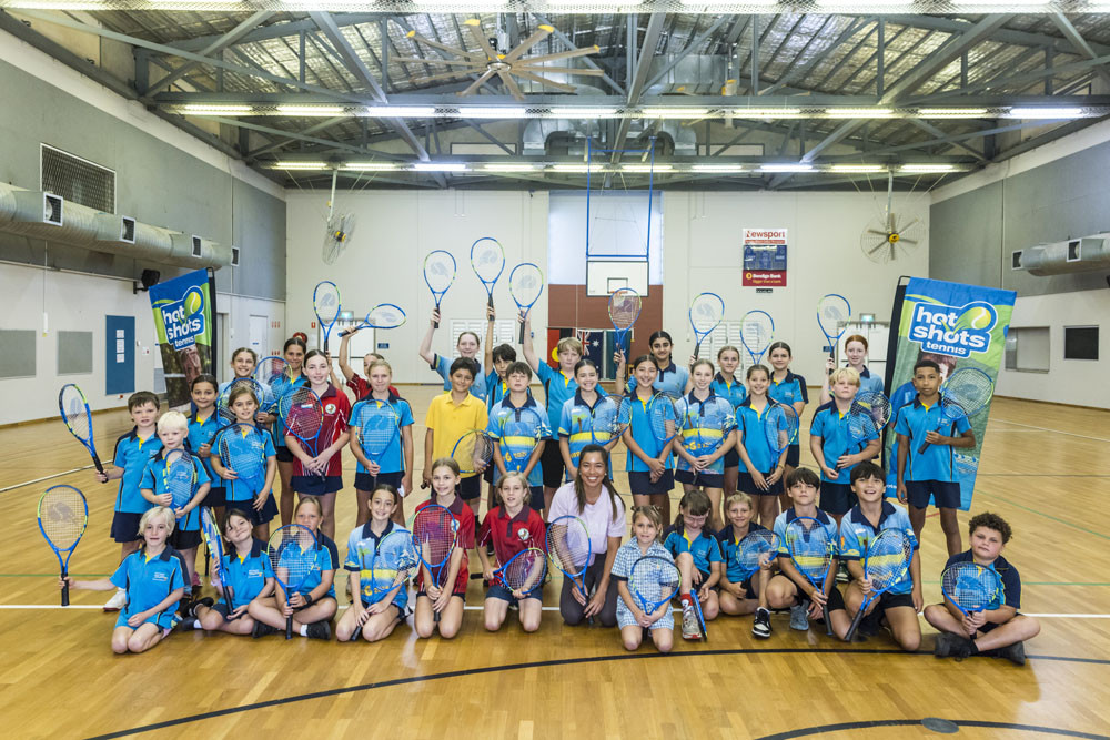 Port Douglas State School with their new tennis racquets. Picture: Tennis Queensland