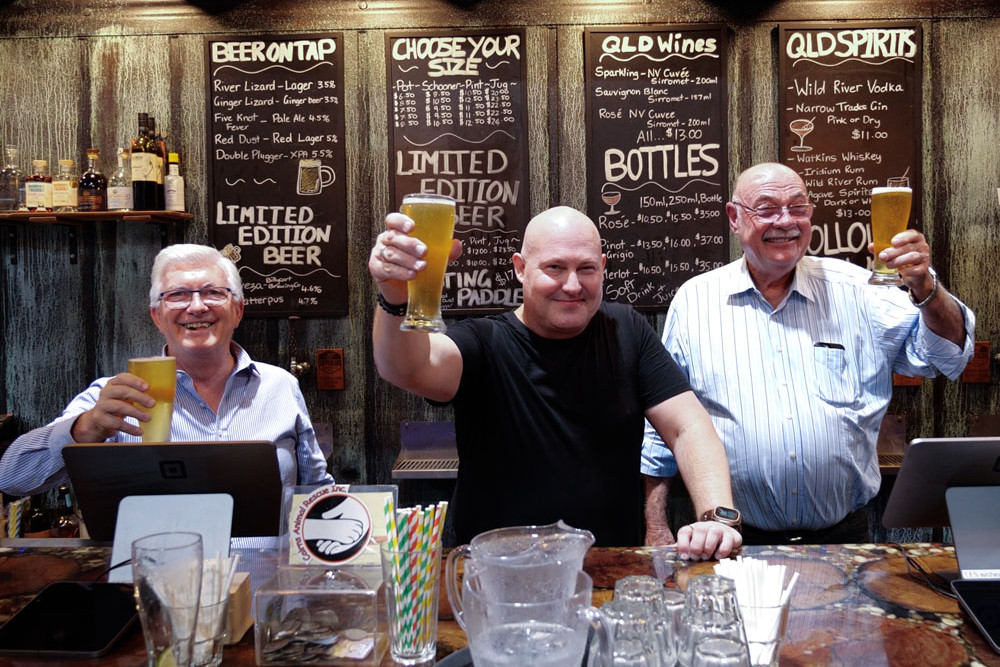 Mayor Terry James, Mulgrave MP Curtis Pitt and Leichhardt MP Warren Entsch toast the new Copperlode Brewery.
