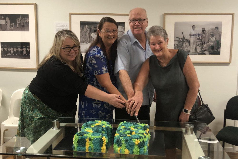 Current Babinda Taskforce manager Tanya Tuttle (left), former taskforce president Debra Quabba, former regional councillor Paul Gregory and current taskforce president Sandy Taylor-Crane cutting the 25th birthday cake. Picture: Supplied