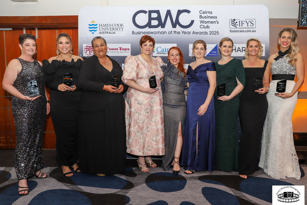 The women of the year winners (from left) Rachel Roberts, Libby Cook Black, Sandra Kemp, Kathryn Jordan, Cairns Business Women's Club president Sarah Debono, Rachael Pierotti, Grace Johnston, Michelle Champion and Stacie Galeano. Picture: Every Moment Photography