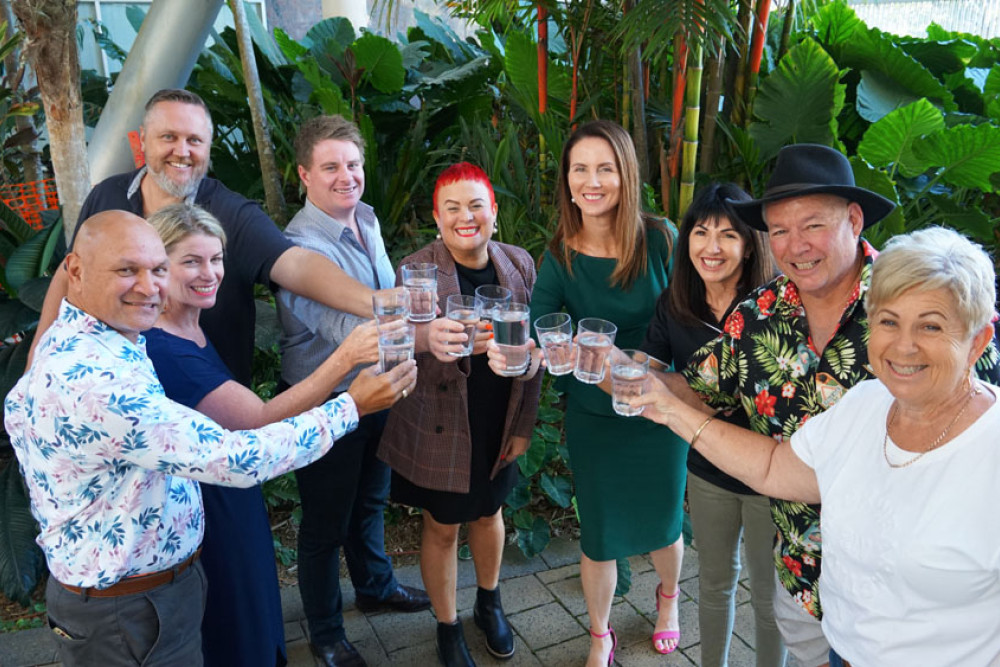 Councillors Trevor Tim (left), Anna Middleton, Brett Olds, Matthew Tickner, Kristy Vallely, Mayor Amy Eden, Cathy Zeiger, Brett Moller and Rhonda Coghlan toast the council’s budget. Absent: Cr Rob Pyne. Picture: Cairns Regional Council