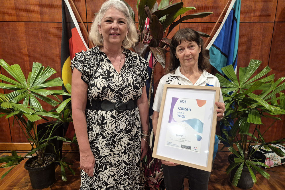 Dougas Shire Mayor Lisa Scomazzon with citizen of the year Jenny Guyatt. Insets (from top to bottom) Joan Vico, Nikita McDonald and John Scott. Pictures: Douglas Shire Council