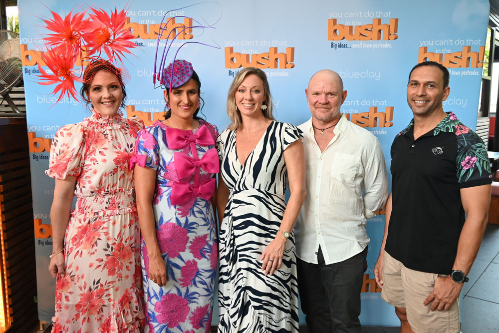 Episode two leading ladies Sonlia founders Sonya Alba-Miller (left), Liana Haste, You Can’t Do That in the Bush executive producer Laticia Braving, episode one leading men Connor Clarke from Plastic Pirates and Dennis Fay from Salty Monkeys. Picture: Isabella Guzman Gonzalez