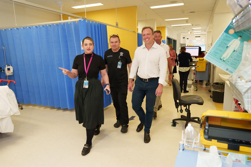 Emergency department nursing director Erin Howell (left), director of emergency medicine Dr Richard Stone, Member for Barron River Craig Crawford and Premier Steven Miles touring the expanded ED. Pictures: Supplied