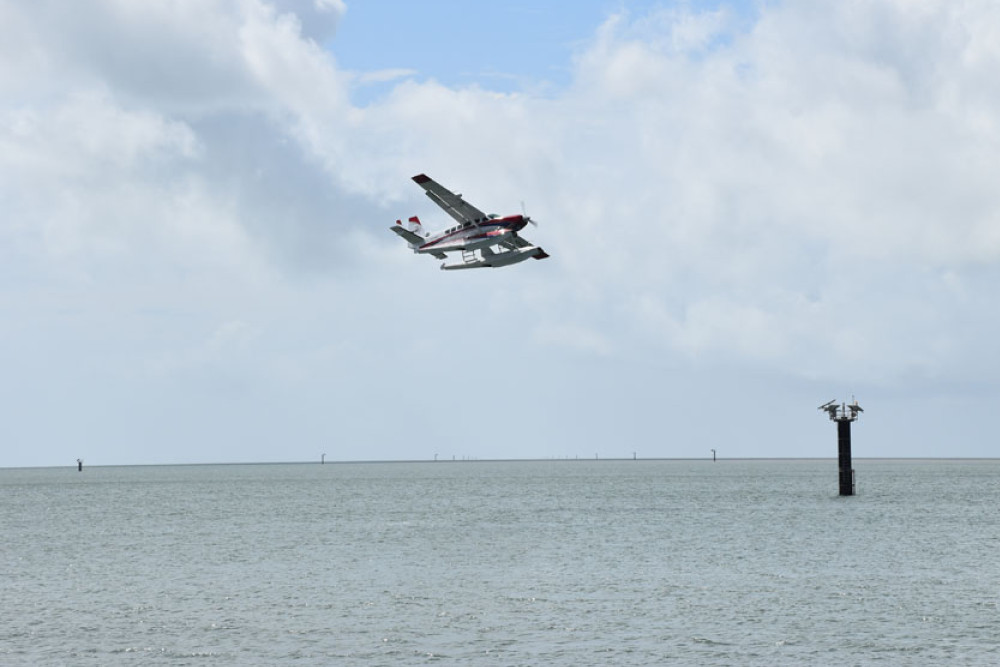 MAF’s P2-WET floatplane was tested on the water and in the air at Trinity Inlet. Picture: Isabella Guzman Gonzelez