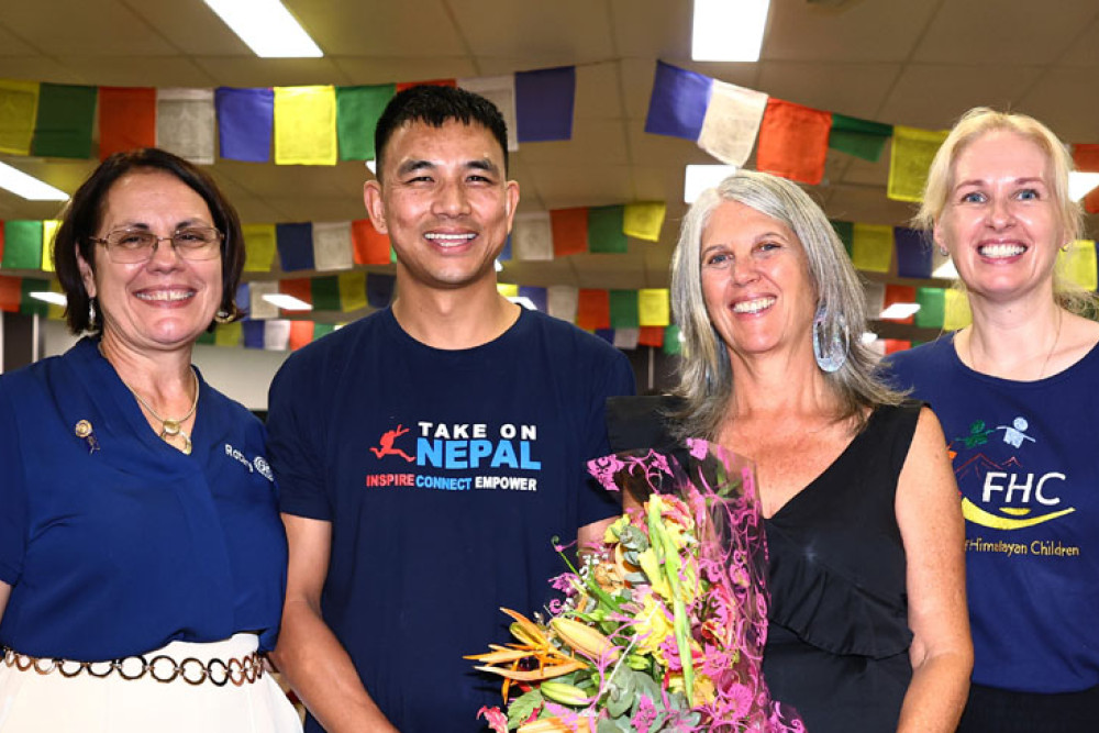 Rita Zappulla of the Rotary Club of Cairns Sunrise (left), Friends of Himalyan Children Association (FHC) president Som Tamang, MC Fiona Sewell MC and FHC sponsorship co-ordinator Susan Devitt.