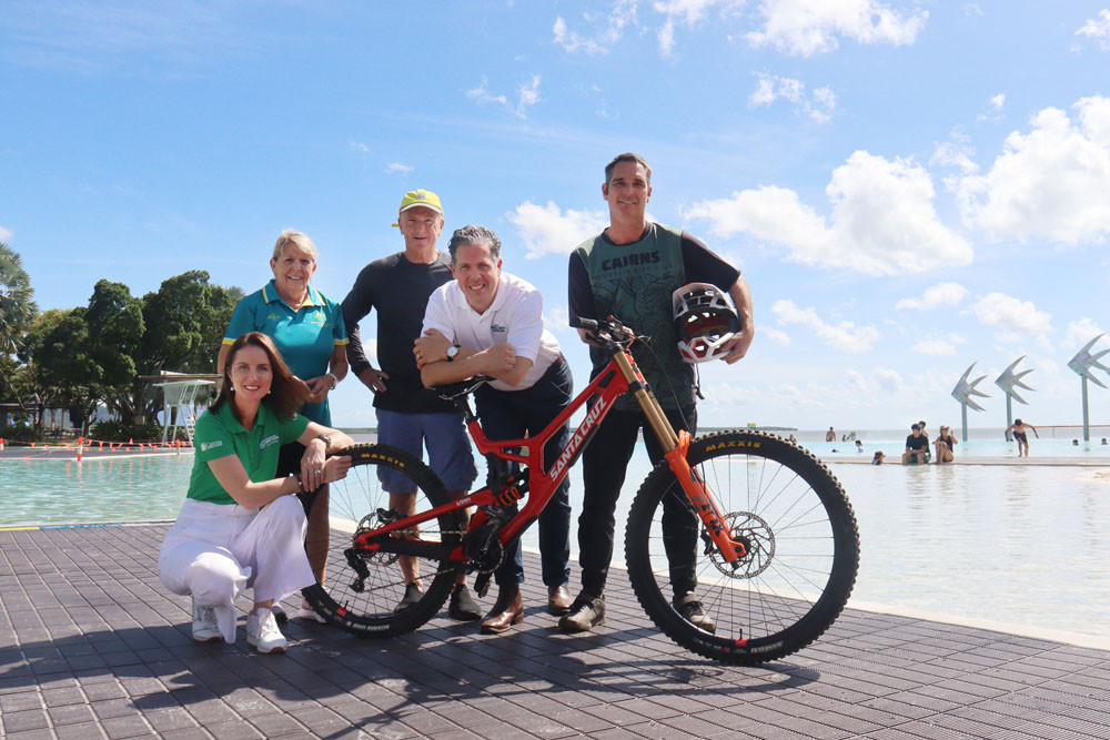 Cairns Mayor Amy Eden (left), Sharon Anderson from the over 65 Australian hockey team, masters games swimmer Ted Bunt, TTNQ CEO Mark Olsen and masters mountain biker Nathan Weiss. Picture: Supplied