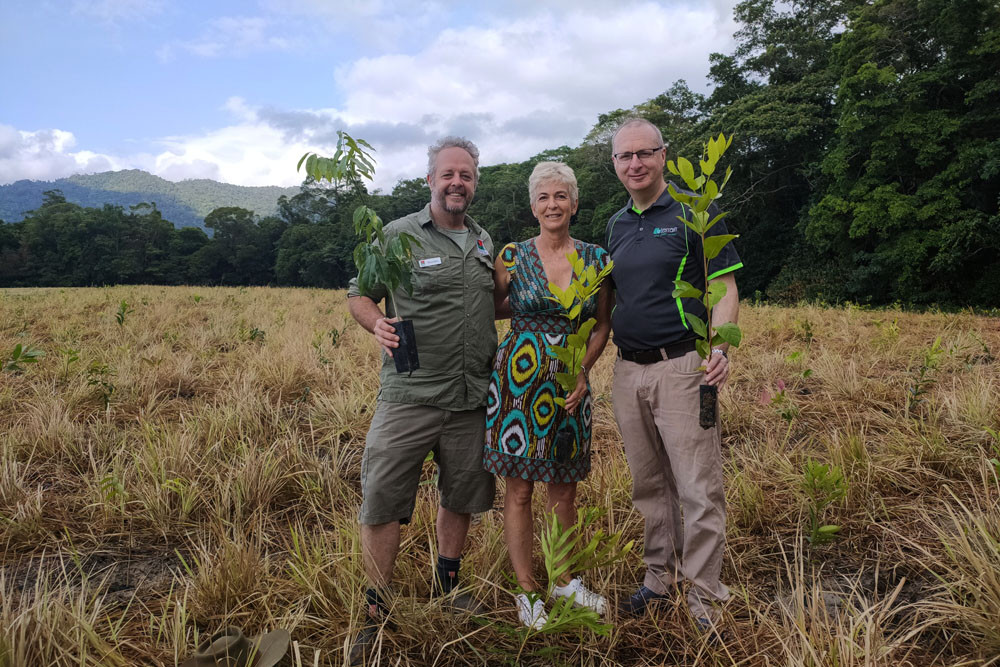 Rainforest Rescue’s Branden Barber (left), Mossman Botanic Garden chief Nicky Swan and Terrain NRM’s Stewart Christie. Picture: Supplied