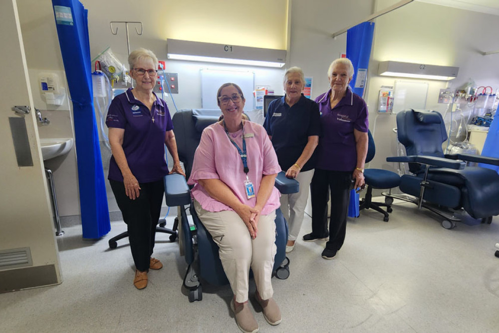 Mossman Hospital Friends of the Foundation volunteer Deb Kachel (left), Pink in the Tropics’ Maria Atkinson, Leukemia Foundation’s Romona Verri and foundation volunteer Cath Willmot check out the new infusion chairs. Picture: Far North Queensland Hospital Foundation