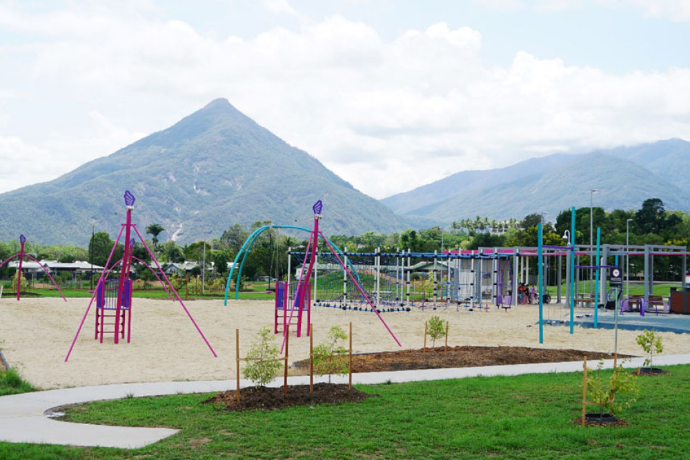 The new playground includes a flying fox, a six-bay swing, a basket swing, an accessible carousel, monkey bars, a hang ‘n’ glide and web climbing wall. Picture: Cairns Regional Council