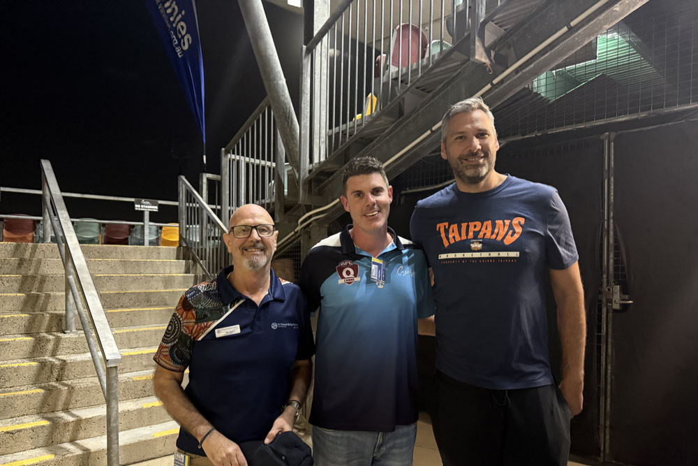 Vinnies Queensland FNQ executive director David Monaghan (left), AFL Cairns and event ambassador Craig Lees and Member for Leichhardt Matt Smith at the sleepout at Cazalys Stadium. Picture: Supplied