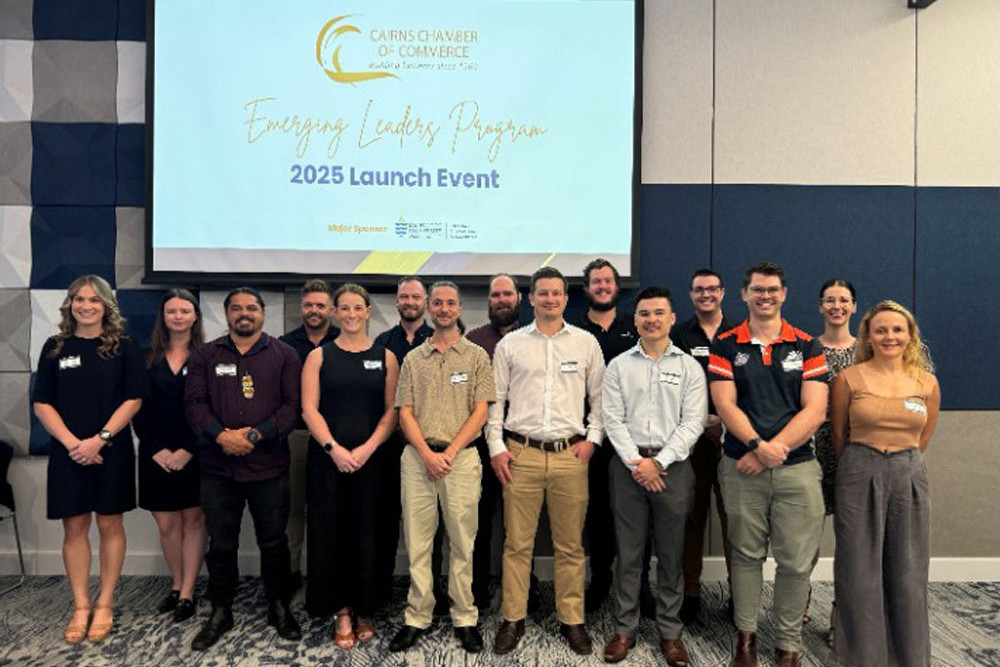 The emerging leaders (from left) Caitlin Francis, Barbara Vichova, Gavin Singleton, Brad Channon, Renee Blackmore, Dan Formby, Callum O’Brien, Daniel Ross, Rowan Giddens, Adrian Nowak, Bryce Coe, Dylan Thomas, Josh Geraghty, Amy Patterson and Bronte Phillips. Picture: Alannah Giuffrida/Cairns Chamer of Commerce