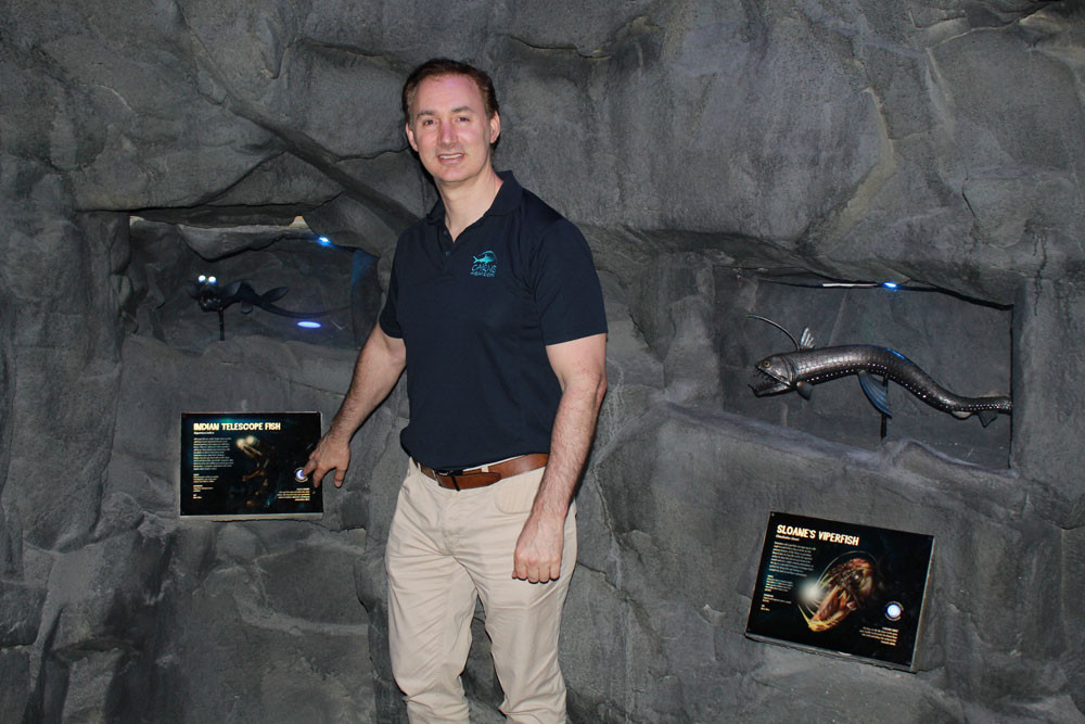 Cairns Aquarium CEO Daniel Leipnik with the new interactive deep water creatures display. Picture: Isabella Guzman Gonzalez