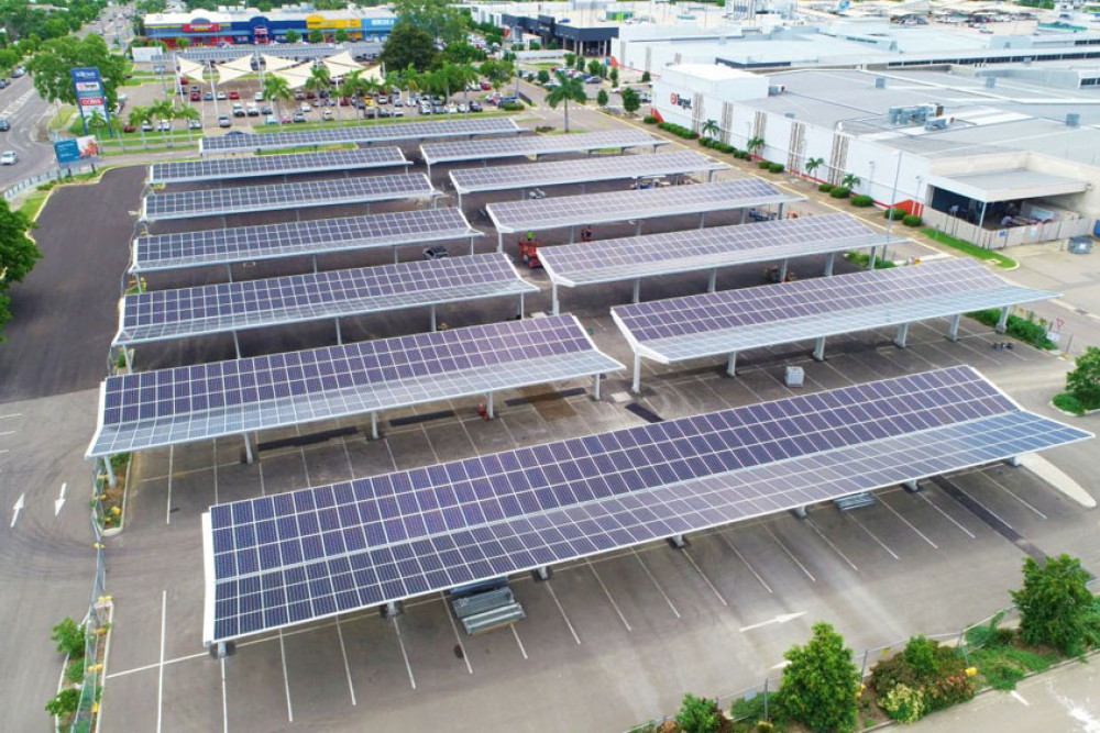 An example of a solar-powered shaded car park being built at Cazalys.