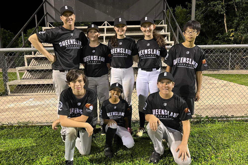 Cairns Junior Baseball League cohort of the 2023 emerging athlete program with NQ Baseball coach Anthony Van Fleet. Picture: Supplied