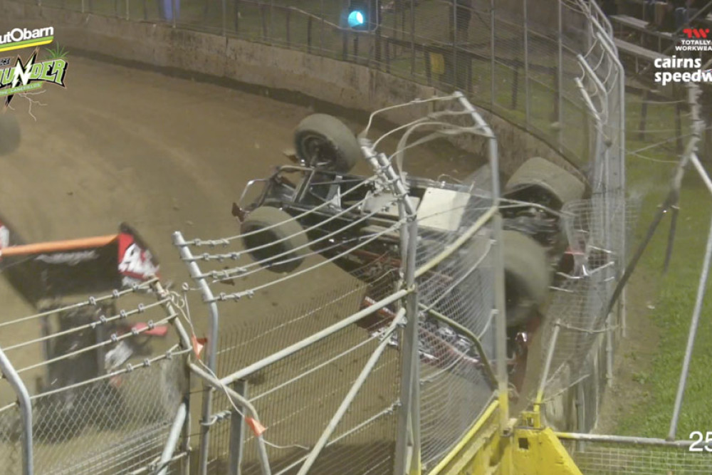 PRO-sprint car driver Brodie Davis (top left) crashes spectacularly at the Cairns Speedway. Picture: Gregg Maxwell