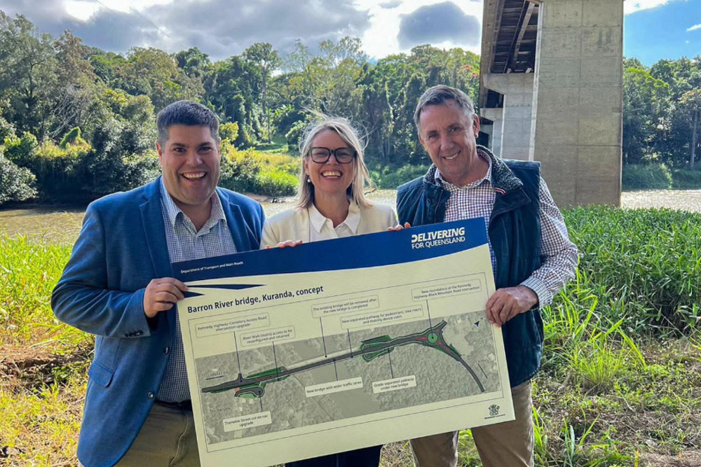 Below the current bridge over the Barron River at Kuranda are (from left) Transport and Main Roads Minister Brent Mickelberg, Barron River MP Bree James and Cook MP David Kempton. Picture: Supplied