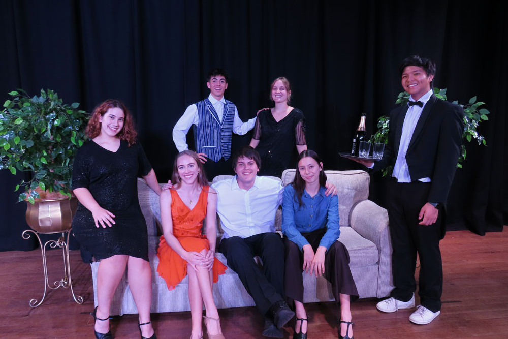 Nice Work If You Can Get It cast members (front) Bobbie Forde, Olivia Dorries, Rhett Kerr, Grace Jones, Aaron Panopio, and (rear) Tiago Amore Flores and Lola Hazelwood. Picture: Cairns State High School