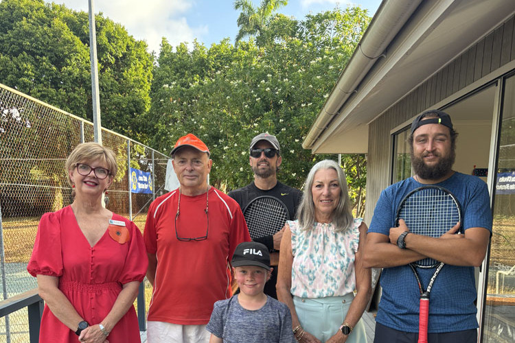 At Mission Beach Tennis Club are (from left) Cr Trudy Tschui, Mission Beach Tennis Club president Brenden Blair, coach Dan Parker, secretary Diane Paul, coach Theo Selimi and player Hayden Brachnia. Picture: Supplied