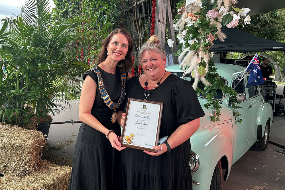 Cairns Mayor Amy Eden (left) with citizen of the year Annette Jarrett. Insets (from top to bottom) Kayee Canton, Claudio Di Bartolomeo and Peter Piccone. Pictures: Cairns Regional Council